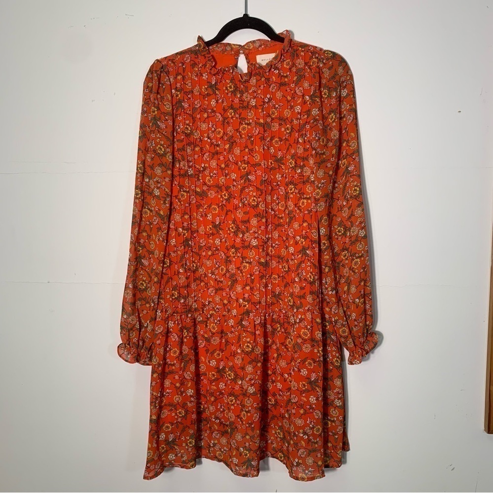 Melloday Ruffle Neck Longsleeve Pleated Dress Orange Floral Nordstrom size XS - Picture 2 of 7